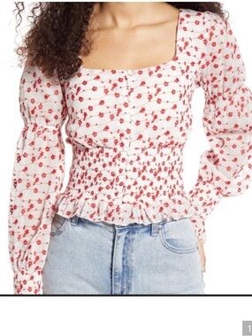 Smocked Square Neck Floral Blouse - White with Red Cherry Print